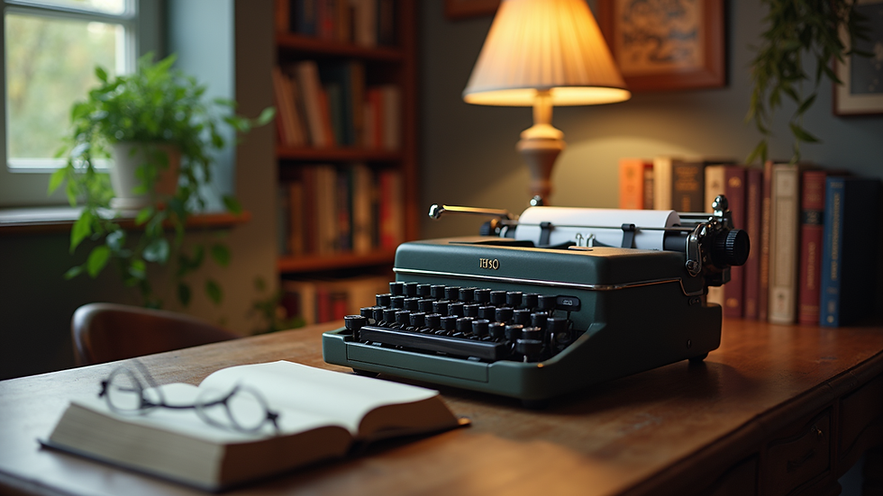 Eye-level view of a cozy writing nook with a typewriter and books