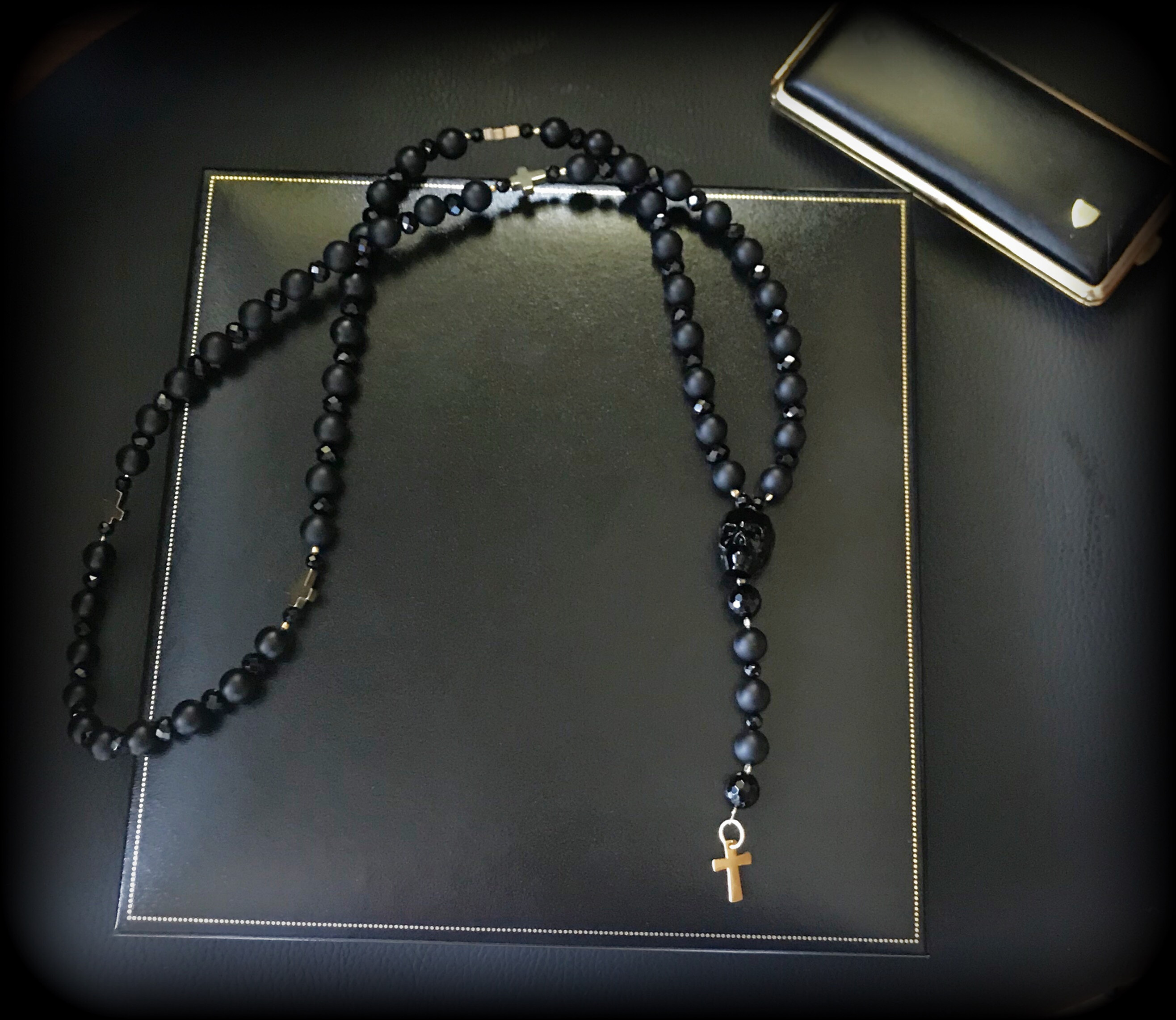 Kopia Men Skull rosary necklace Swarovski 'CONFESSION' silver or 14k gold
