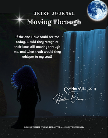 The official back cover of the Moving Through Guided Journal featuring a waterfall at night and a silhouette facing the stars.