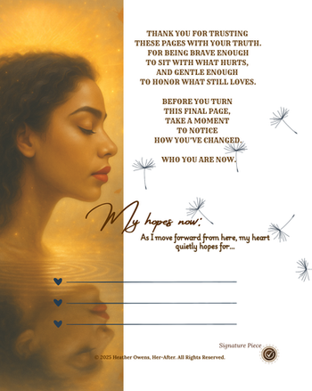 The final reflection page of the Moving Through Guided Journal featuring a woman and floating dandelion seeds, with designated lines for the reader to write their future hopes and intentions.
