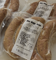 A image of English banger sausages with a label and logo