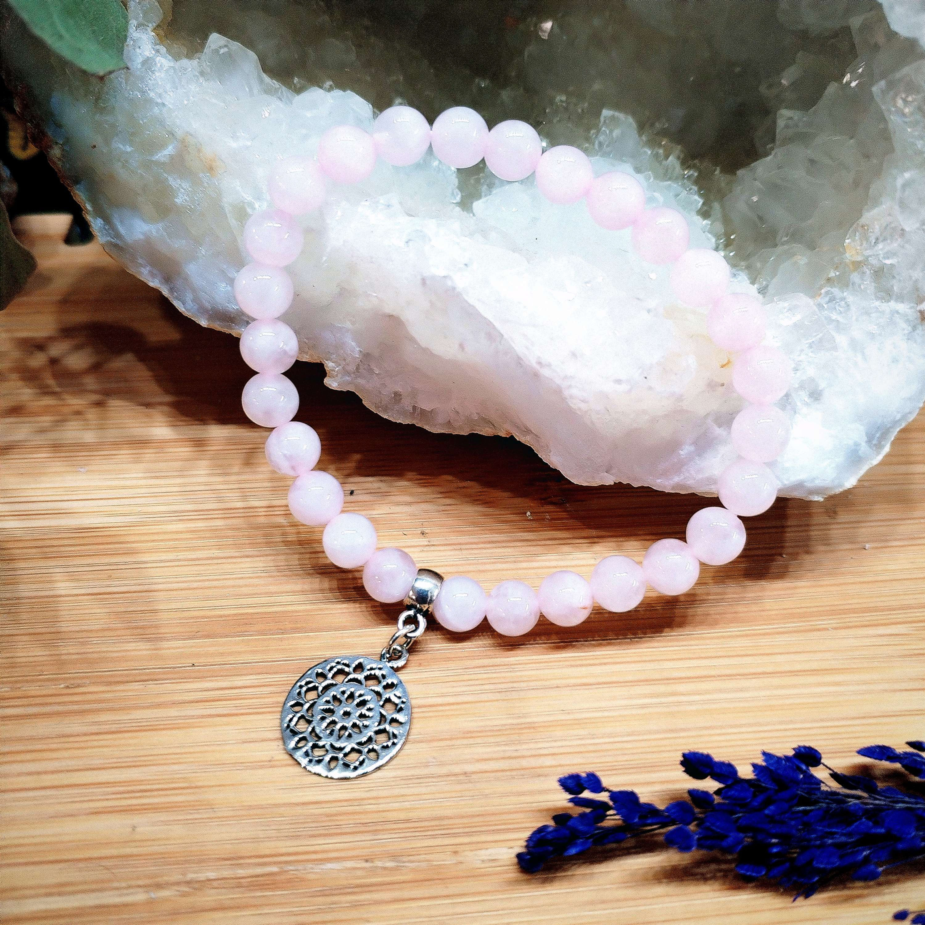 Pulsera cuarzo rosa con mandala de plata de ley