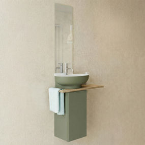 Vamigo my Moments 2.0 Gästebad Becken weiß/fougere Unterschrank fougre inkl Ablage aus Limba mit integriertem Handtuchhalter