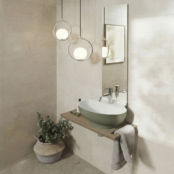 Vamigo my Moments 2.0 Gästebad Becken weiß/fougere inkl Ablage aus Limba mit integriertem Handtuchhalter