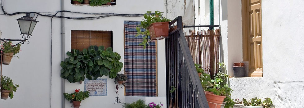calle peatonal de guejar sierra. hay varias puertas de acceso a viviendas con cortinas y muchas macetas en las ventanas y fachadas