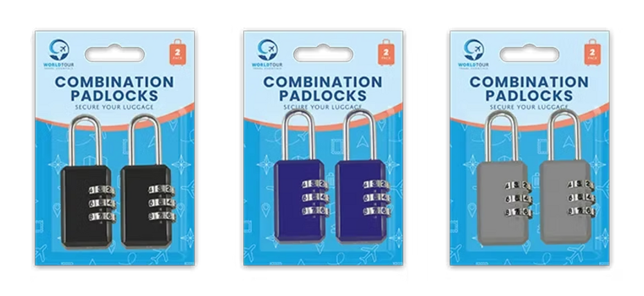 Three packages of World Tour combination padlocks in black, purple, and gray, labeled Secure Your Luggage.
