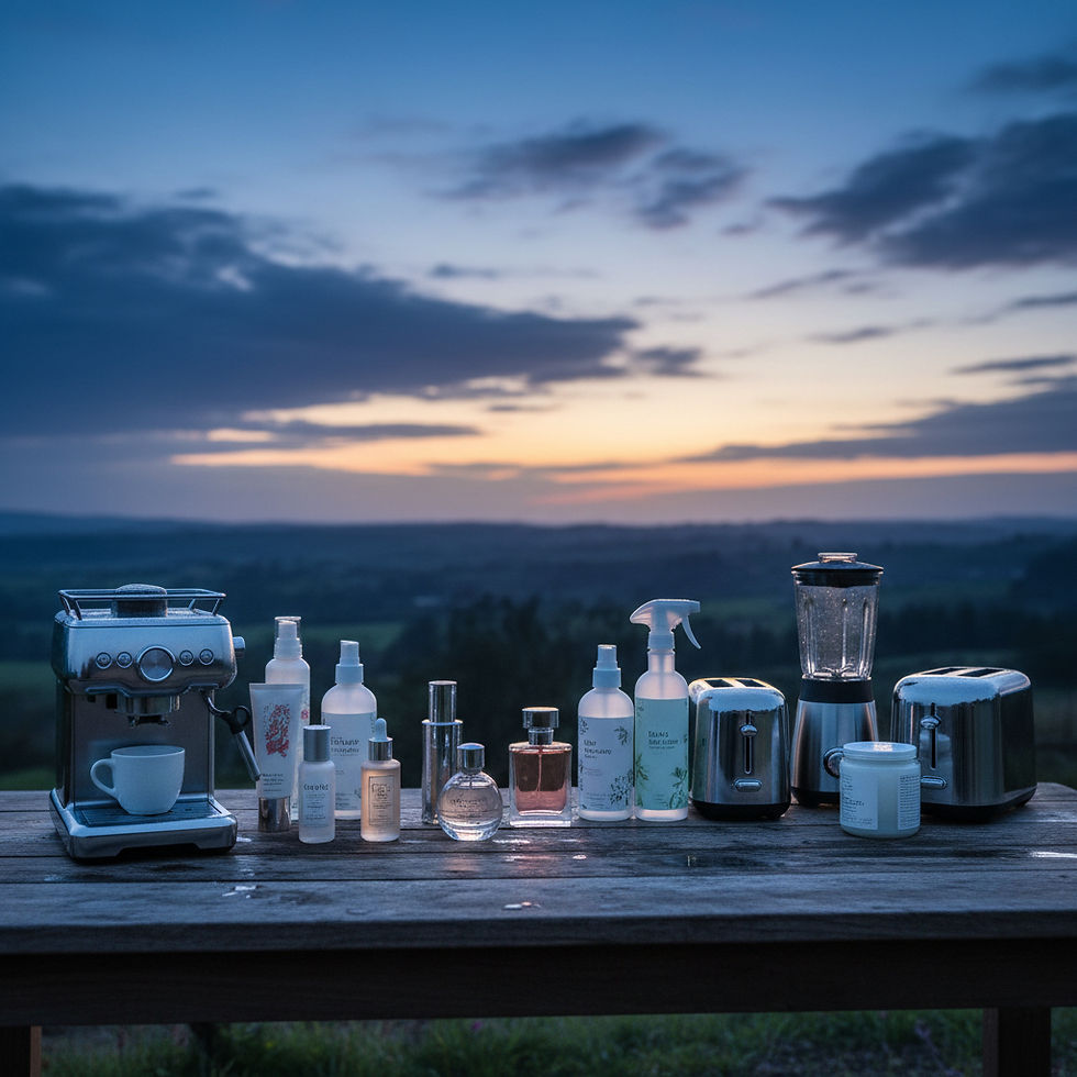 outdoor wooden table at sunset with blue and gold hues and no sun with Cosmetics • Perfum