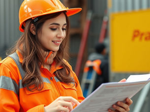 An ACT owner-builder reviewing a construction checklist and building plans on a timber workbench at a residential site.