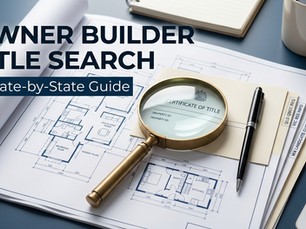 A featured image for an owner builder blog, showing architectural house plans and a magnifying glass resting over a 'Certificate of Title' document, with the text 'Owner Builder Title Search: A State-by-State Guide' overlay.