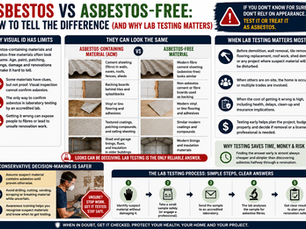 Asbestos vs asbestos-free infographic showing why visual identification is unreliable, comparing similar-looking building materials and explaining why laboratory testing is the only reliable way to confirm asbestos before renovation.