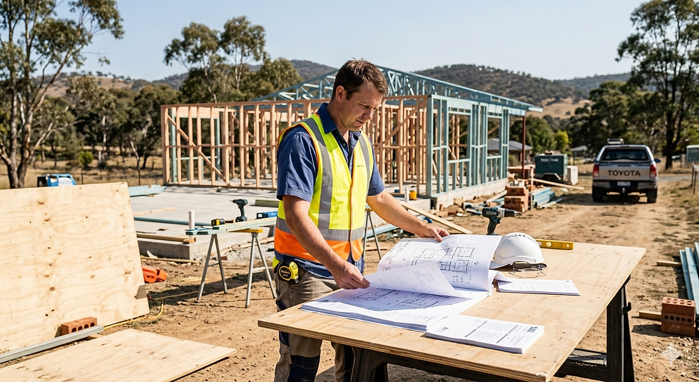 An owner-builder in a safety vest reviewing structural house plans on a timber workbench at an active residential construction site.