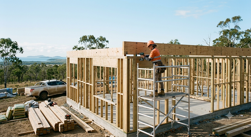 A wide, eye-level shot of a residential construction site in a rural Australian landscape under a clear blue sky. In the foreground, an owner-builder wearing high-visibility orange workwear, a tool belt, and a safety hard hat stands on a metal rolling scaffold, using a power tool on the top timber beam of a house's newly erected wooden wall framing. The structure is built on a concrete slab foundation. Around the site, neat stacks of structural timber beams and building material bags sit on the dirt ground. In the background, a white dual-cab utility vehicle (ute) is parked near the frame, with rolling green hills, scattered eucalypt trees, and a distant coastline visible under the bright daylight.
