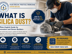 Owner Builder Institute guide explaining silica dust hazards for owner-builders and renovators, featuring a worker cutting concrete while wearing respiratory protection.