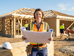 Female owner builder reviewing building plans on an active residential construction site in Australia
