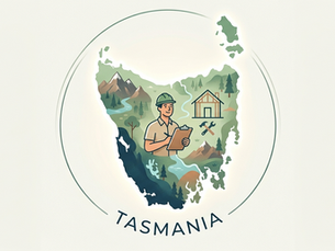 An illustrated map of Tasmania highlighting the components of a residential home construction owner-builder project layout.