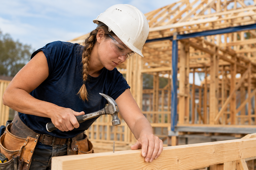 Female owner builder using a hammer during a home construction project in Western Australia