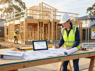 A female owner builder managing a construction site with blueprints and safety documentation." This helps with accessibility for screen readers and further boosts your SEO.