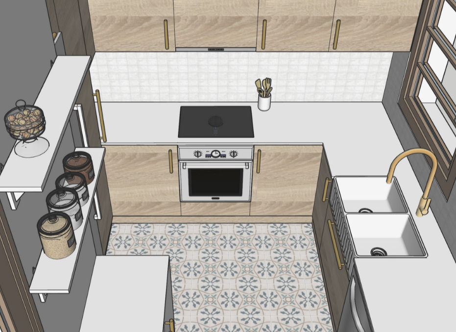 Modern kitchen design with wood cabinets, white countertops, floral tile floor, double sink, stove, jars on shelves, and window view.