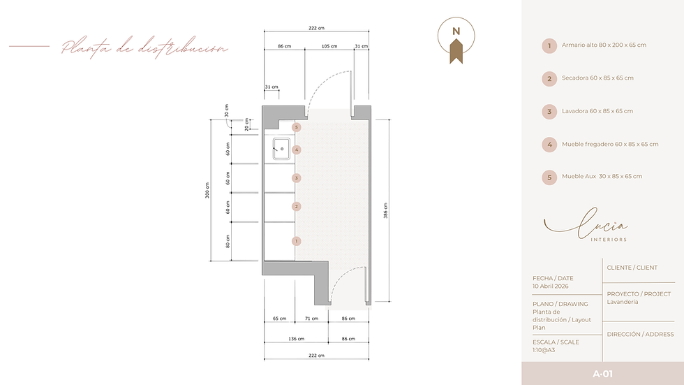 Floor plan labeled "Planta de distribución," showing room layout with measurements. Includes furniture list and designer info, "Lucia Interiors."