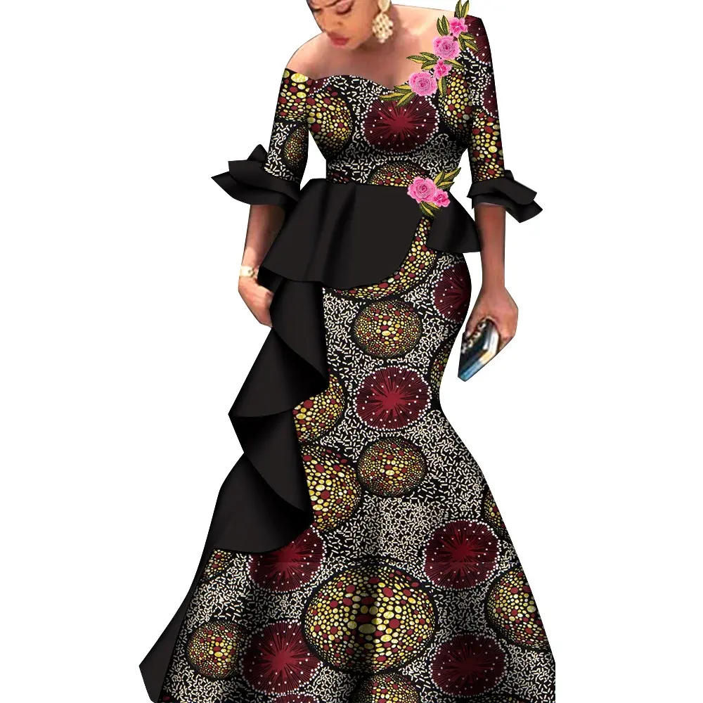 Yah's Women / Bazin Half Flare Sleeve Ruffle Long Dress With Applique Maxi Dress