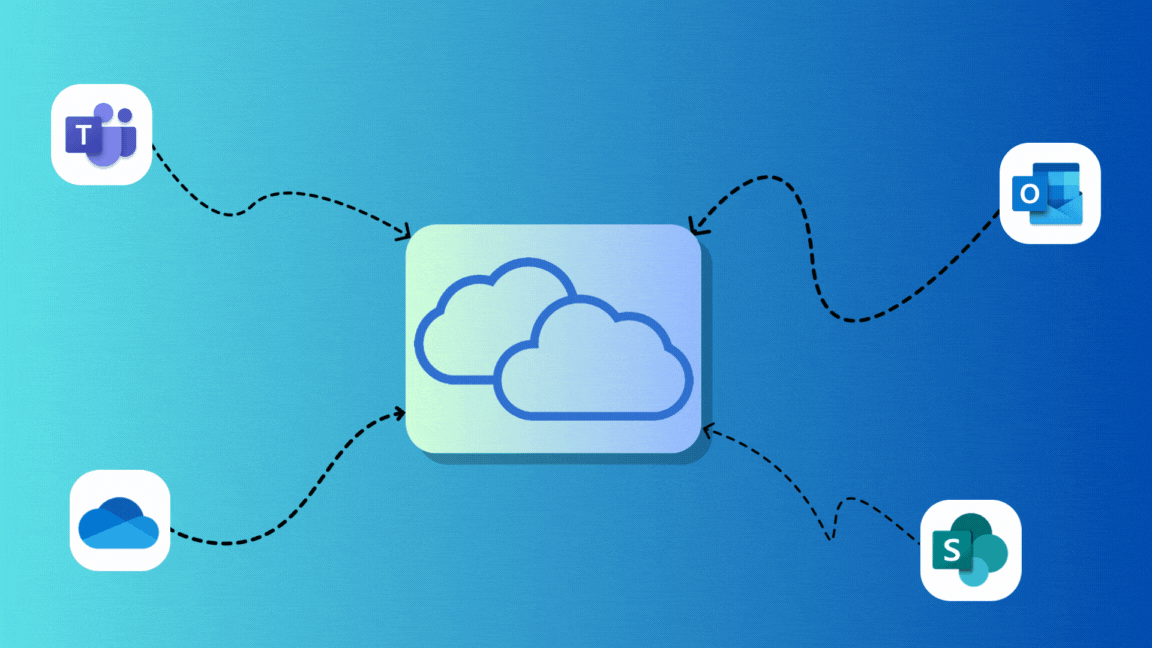 Animated Gif of Microsoft services being downloaded to a cloud.