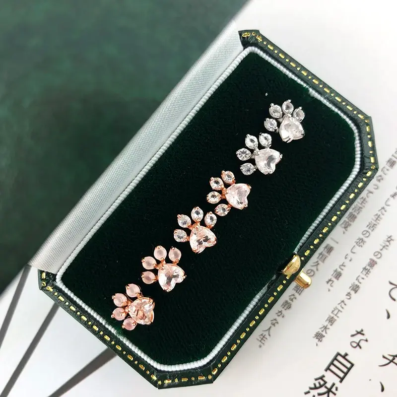 Thumbnail: LAMOON Cat Paw 925 Sterling Silver Earrings for Women Rose Quartz Stud Earring
