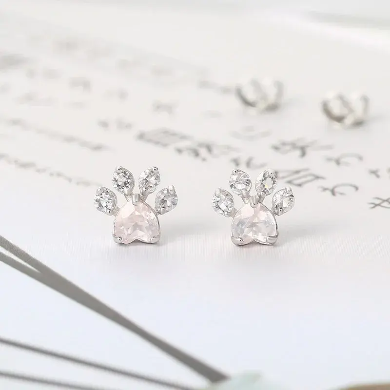 Thumbnail: LAMOON Cat Paw 925 Sterling Silver Earrings for Women Rose Quartz Stud Earring