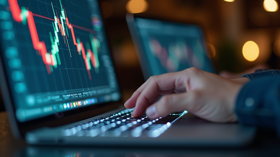 Close-up view of a person analyzing financial charts on a laptop