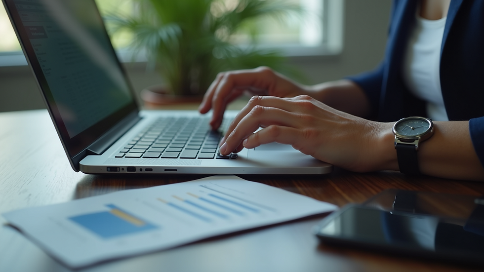Close-up view of a person analyzing investment options on a laptop