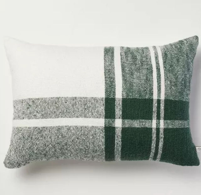 14"x20" Block Plaid Lumbar Throw Pillow Green/Cream -