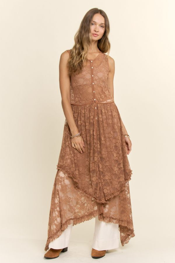 Sheer Lace Button-Front Duster