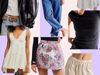 A vertical style collage featuring a curated collection of Boho-Western fashion pieces from Free People. The images showcase various textures and styles including distressed denim overalls, delicate white lace tops, floral brocade skirts, leather outerwear, and western-inspired dresses. The layout features a striped pastel purple and cream background with the text "Olala the latest finds" and a "Here With Ali" brand logo at the bottom.