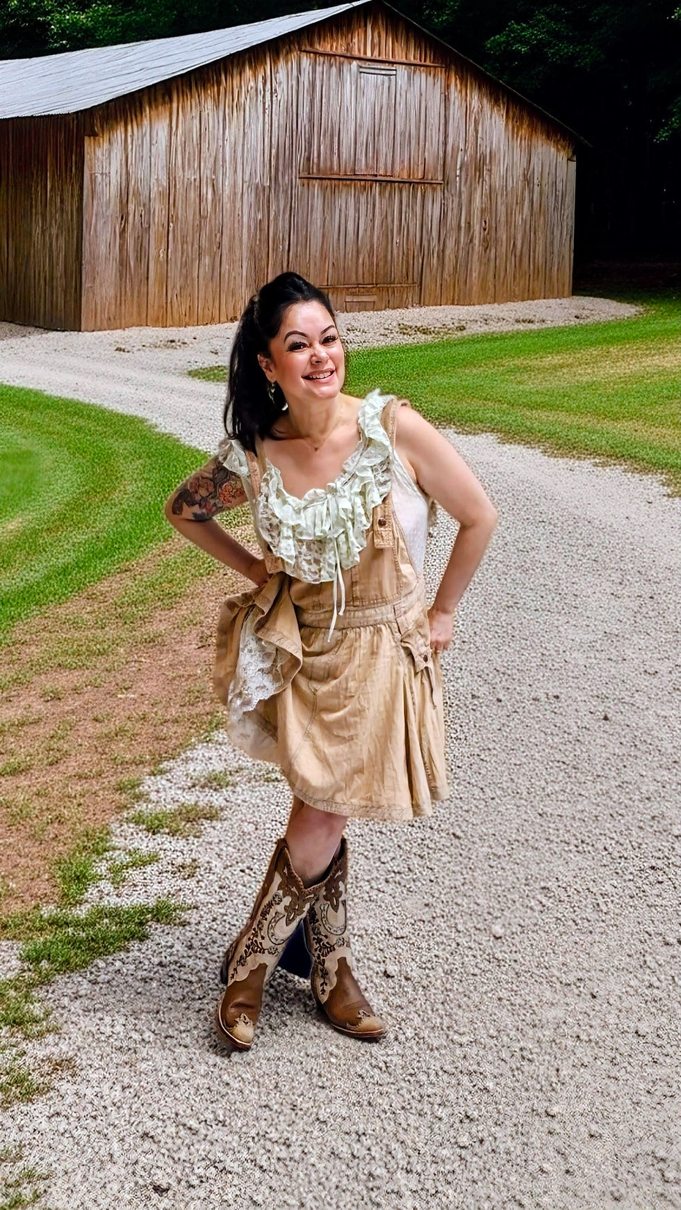 Ali down a country road wearing Tecovas, the Jolene in pale yellow.