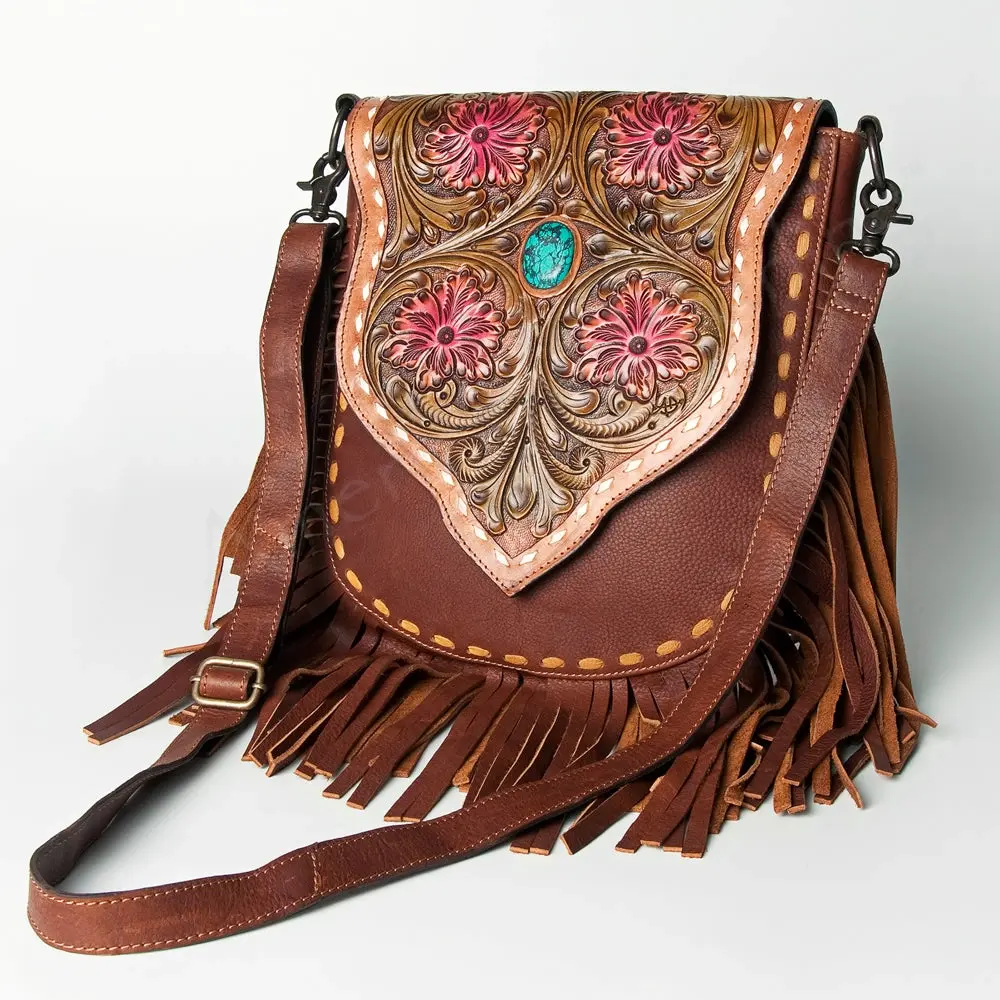 Western Leather Crossbody Bag With Fringe