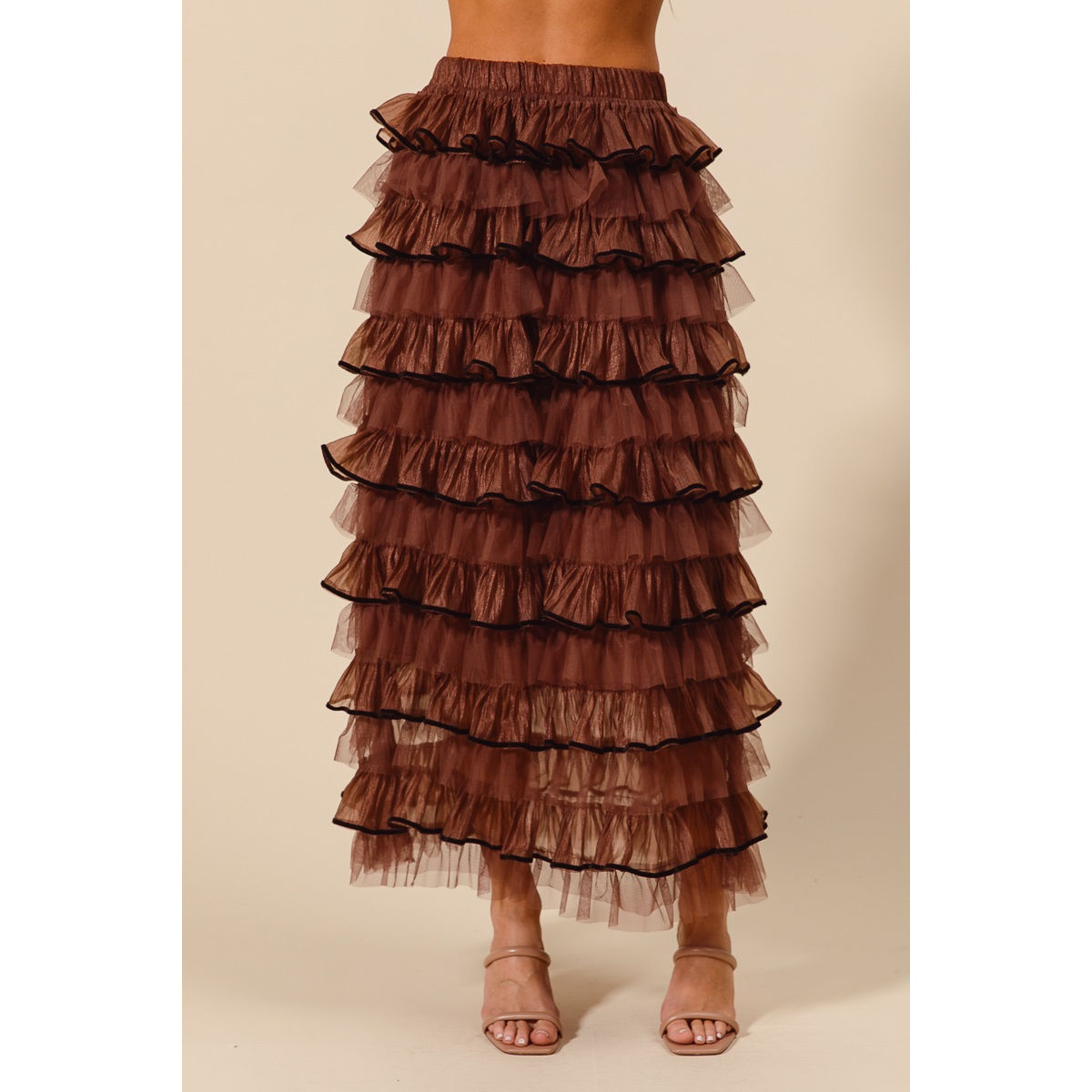 Ruffled Tulle Maxi Skirt with Velvet