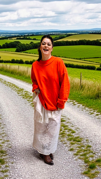 Ali on a country road with a knit Free People sweater and a one of a kind Vintage Lace Skirt
