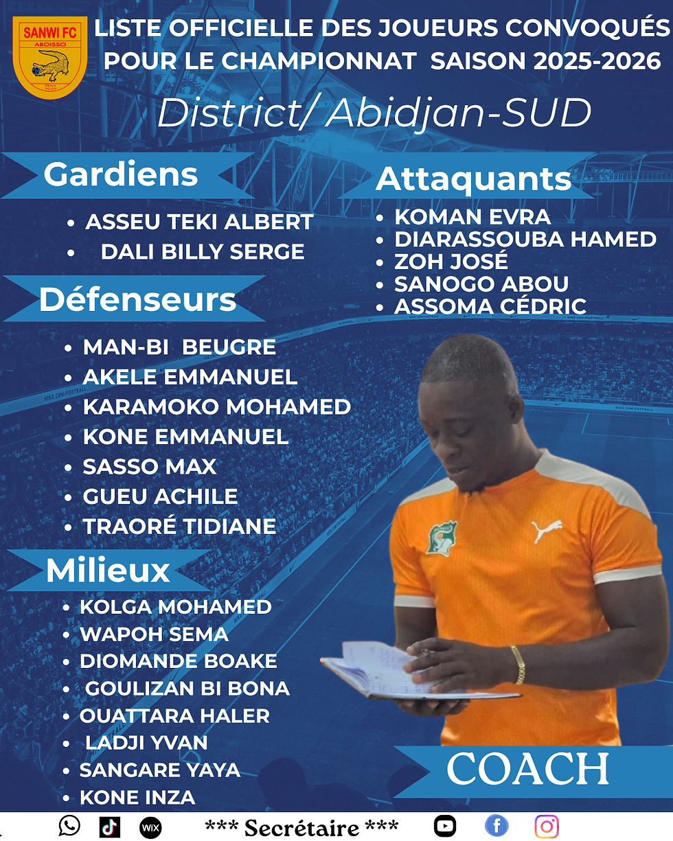 LA LISTE OFFICIELLE DES JOUEURS/ SANWI FC d'Aboisso/ District Abidjan sud/ 2025-2026