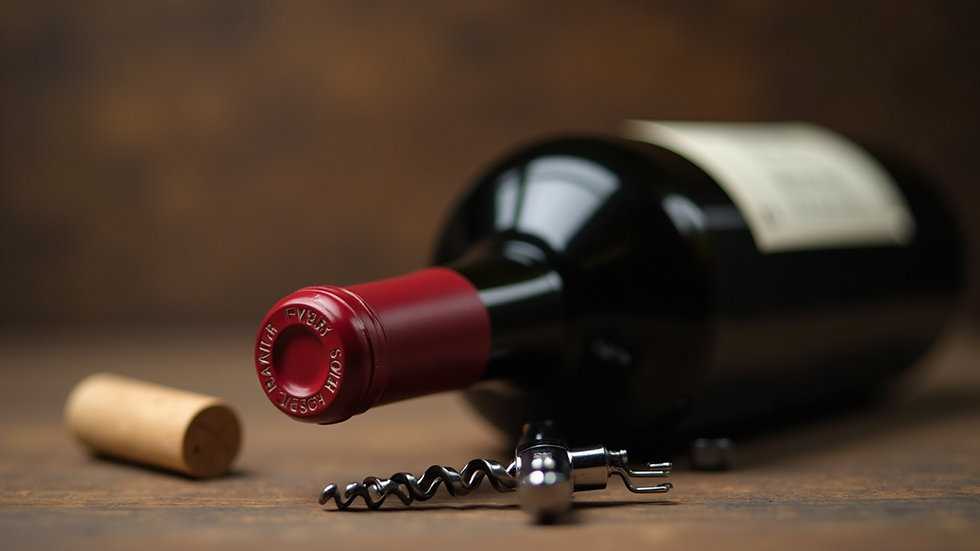 Close-up view of a wine bottle with a corkscrew beside it