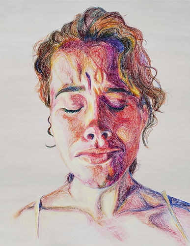 Large-scale oil pastel self-portrait on canvas by Linda Wallentine, "Before" Body, Soul, Space series (2020-)