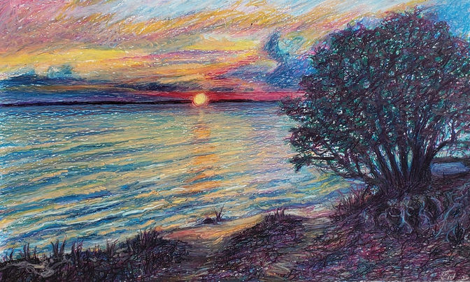 Sunset on the Croatan Sound Landscape Drawing by Linda Wallentine 