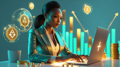 Entrepreneur at modern AI workspace with digital charts and Bloom Beyond Fear gold and teal accents representing financial growth