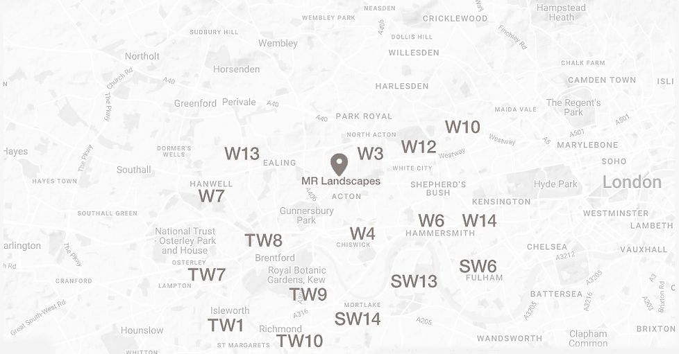 A Map of West London showing the areas and postcodes that MR Landscapes covers