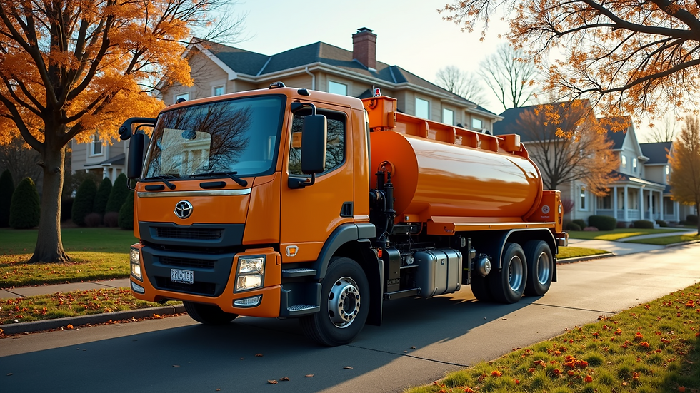 High angle view of a professional drain cleaning truck parked outside a residential home