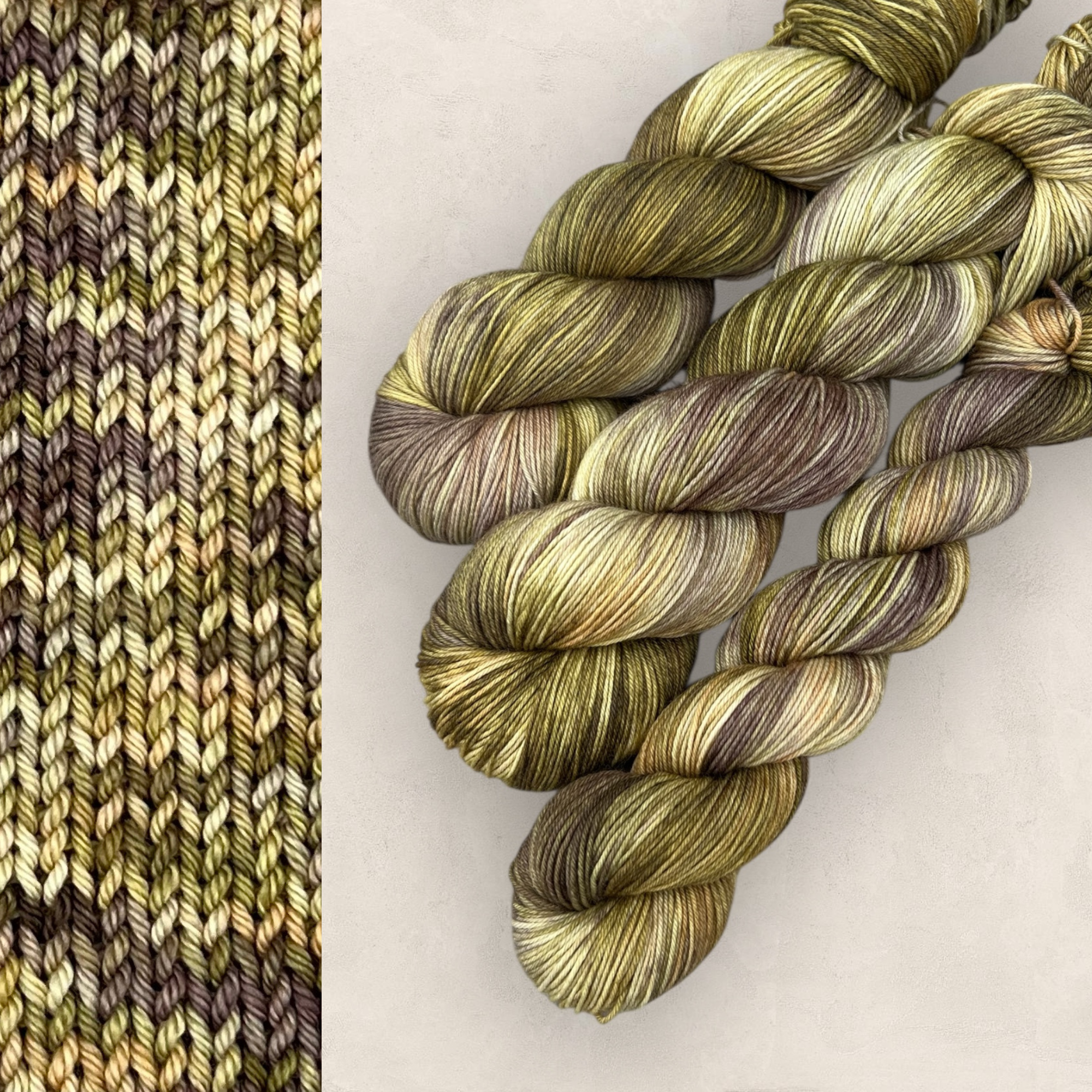 Hand dyed yarn called Woodland Moss, variegated 4 ply sock yarn in green, brown, and beige tones. Nature-inspired colours