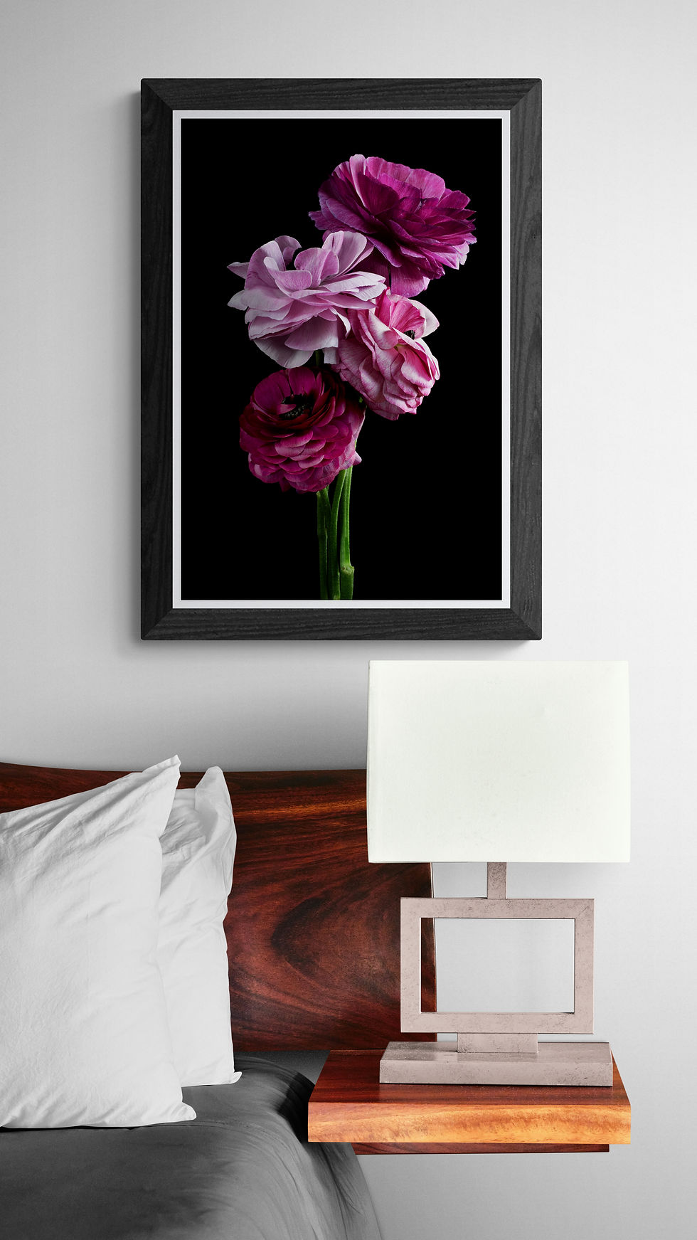 Thumbnail: Pink Ranunculus Flowers - Dark floral wall art - Still life photography by Nadia Culph