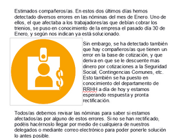 Comunicado Errores en las Nóminas de Enero.