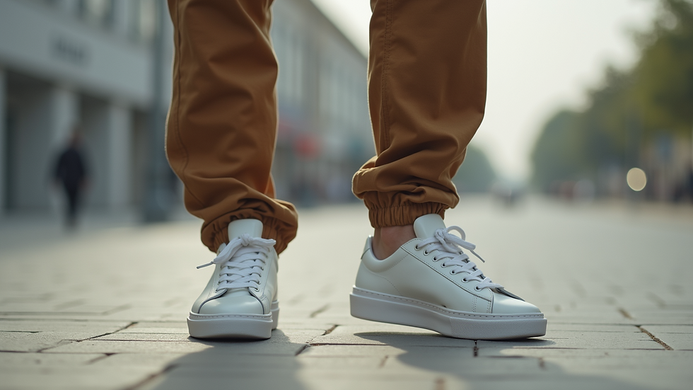 Close-up view of a casual outfit with relaxed trousers and minimalist sneakers