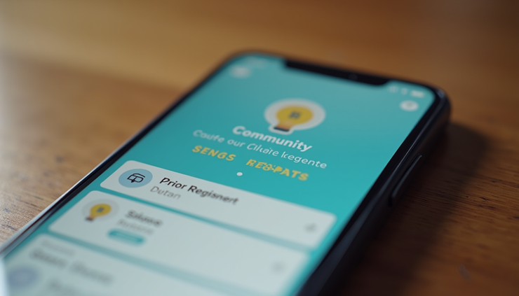 Close-up view of a user interacting with a mobile app showing community challenges and rewards
