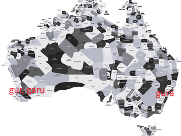 Map of Australia with regions marked by indigenous names in grayscale. Red text highlights "gur, garu" and "gura".
