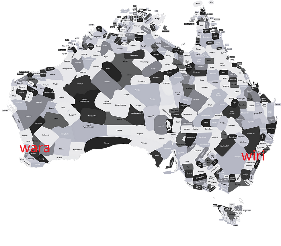 Map of Australia with labeled indigenous territories in shades of gray. "Wara" and "Wiri" are highlighted in red.
